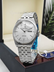 Đồng hồ nam Margaret Dây thép trắng mặt trắng kính sapphire MT.8187 lịch đôi