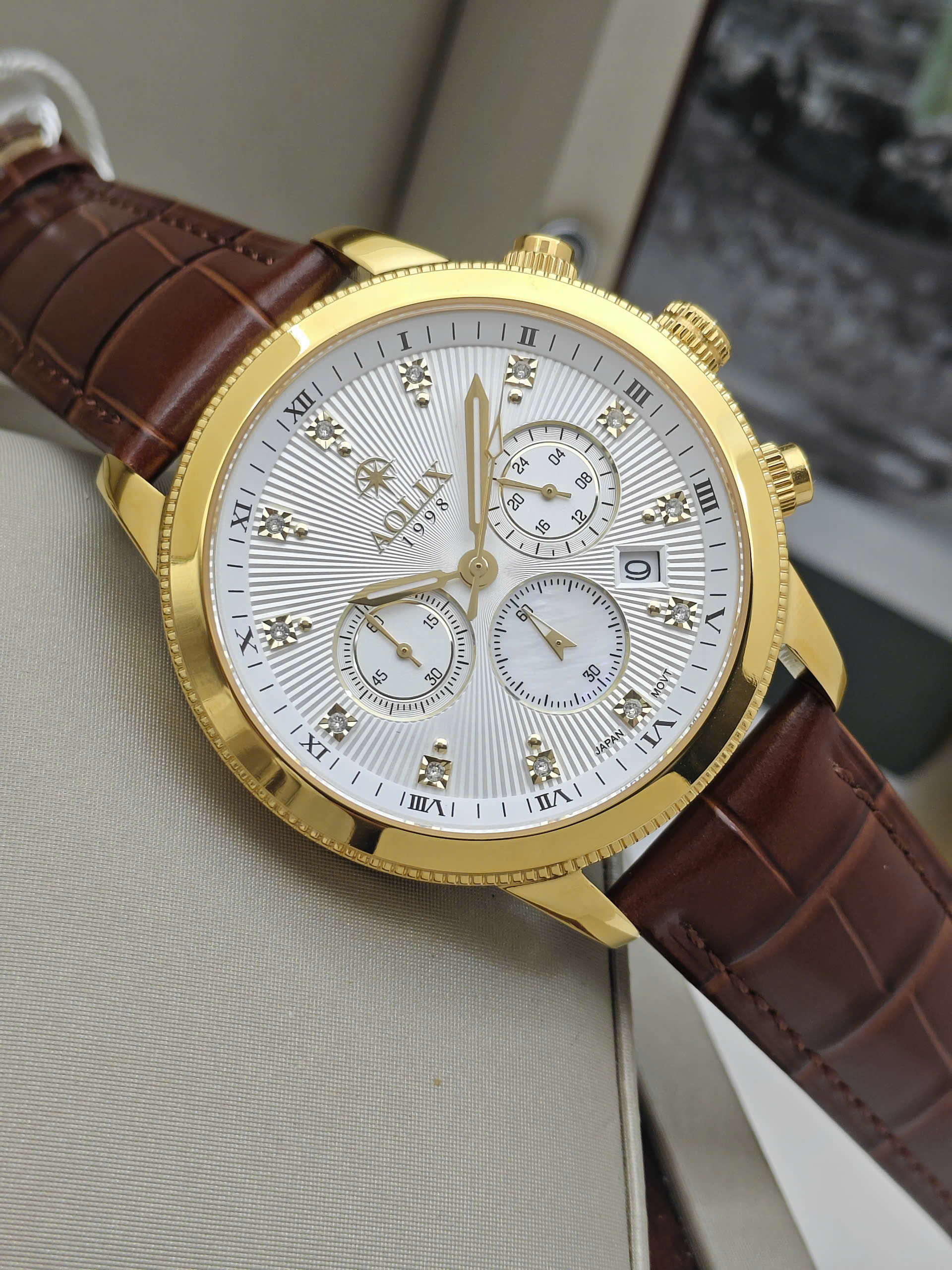 Đồng Hồ Nam Dây Da Chronograph Aolix AL-7069 GOLD Sapphire - Ảnh 2