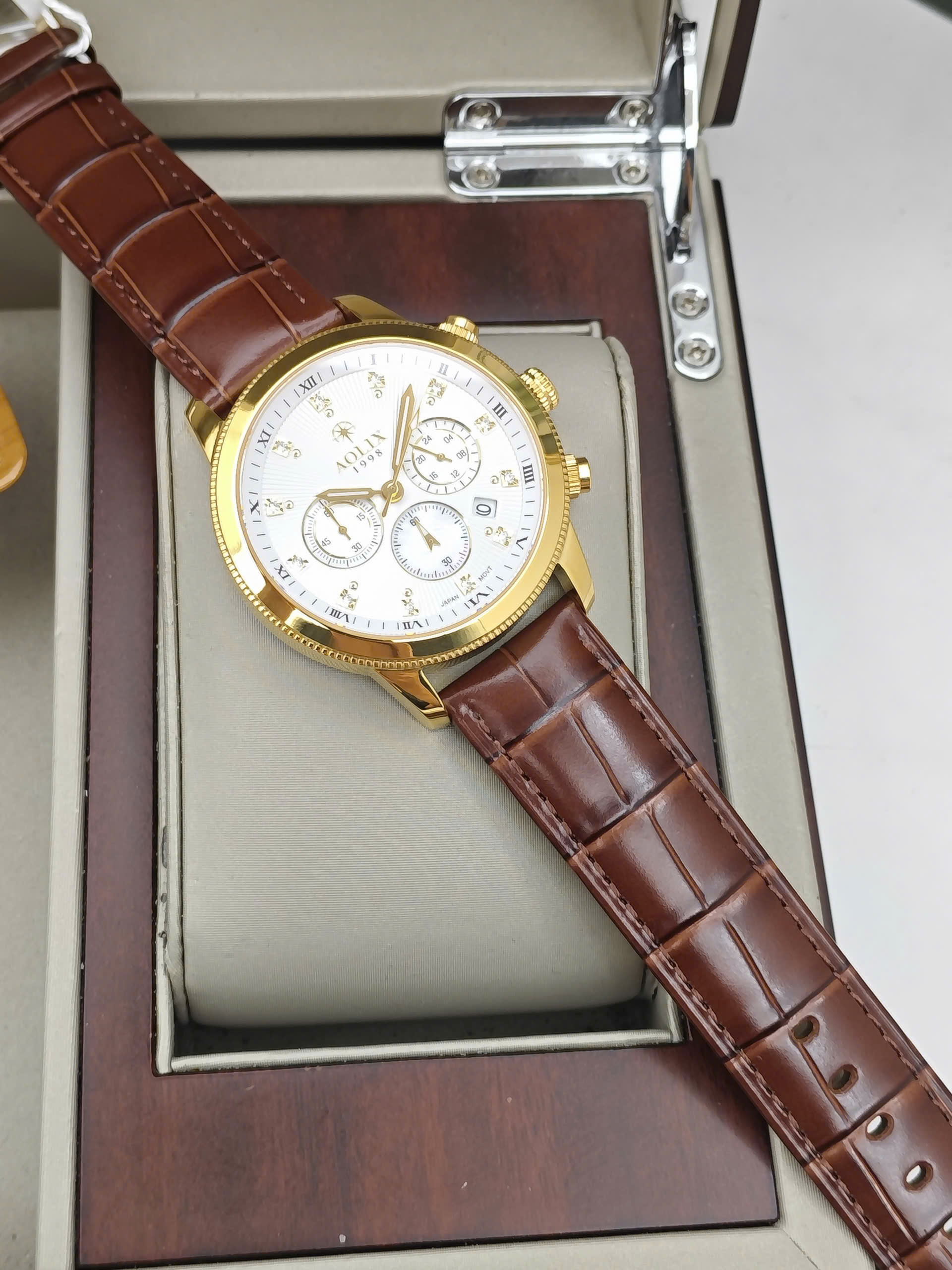 Đồng Hồ Nam Dây Da Chronograph Aolix AL-7069 GOLD Sapphire - Ảnh 3