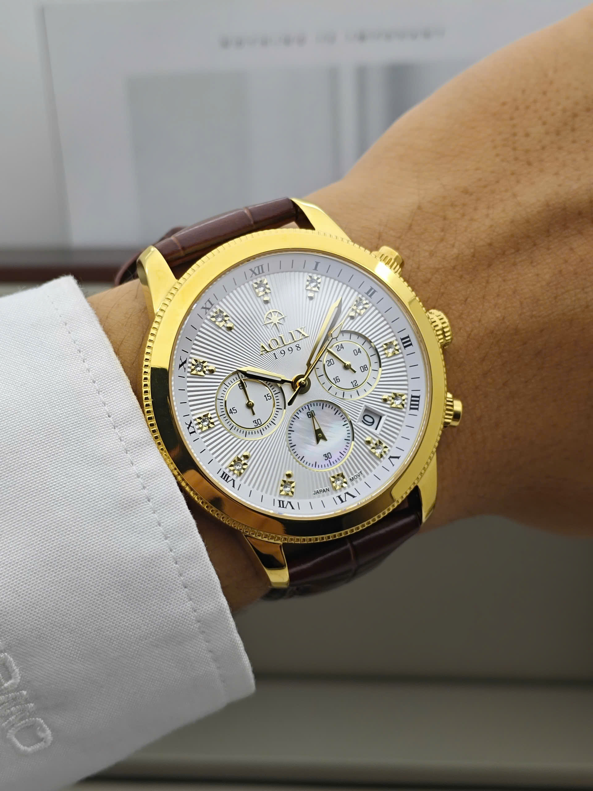 Đồng Hồ Nam Dây Da Chronograph Aolix AL-7069 GOLD Sapphire - Ảnh 6