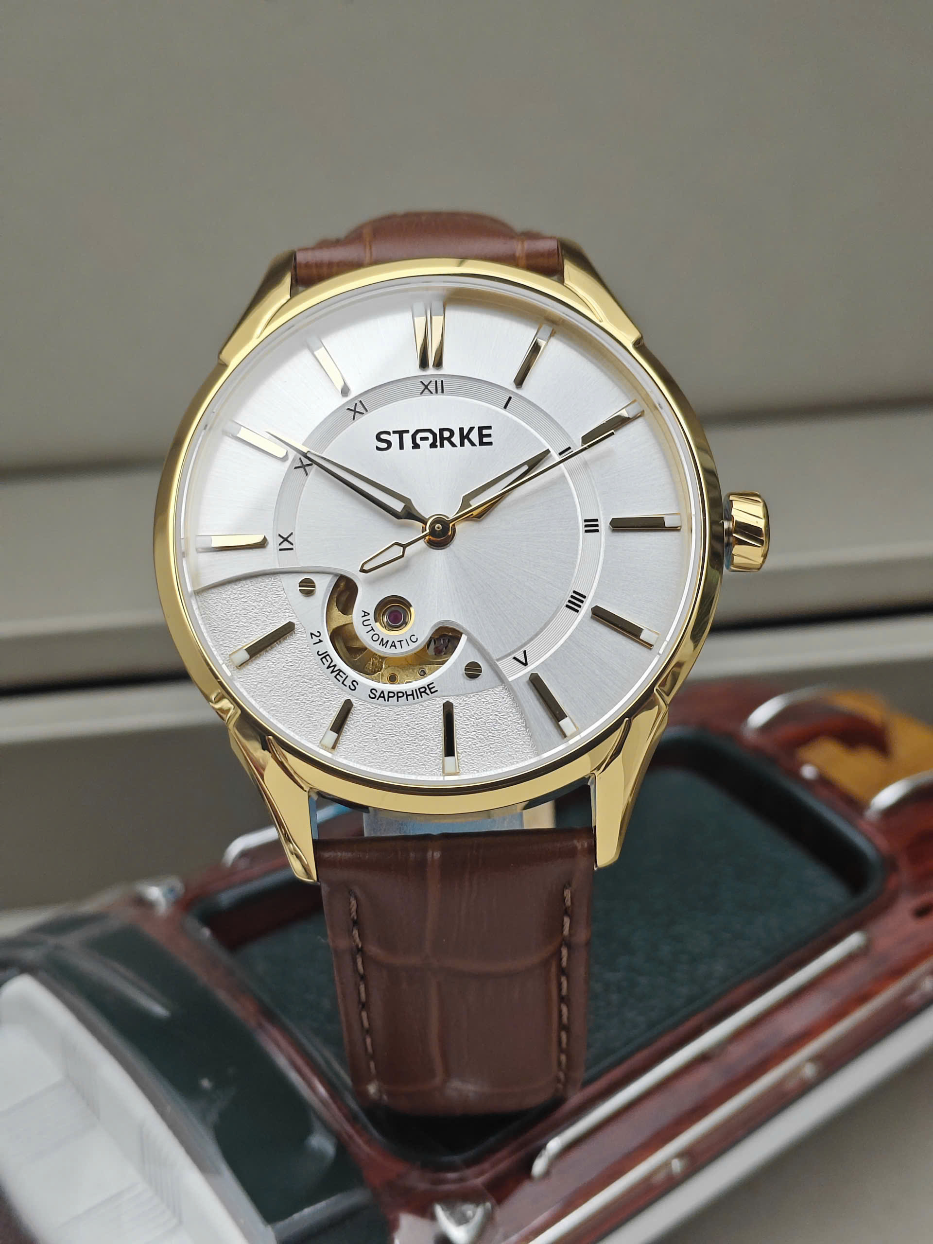 Đồng Hồ Cơ Nam STARKE SK143BM.WGBr Viền vàng - Mặt trắng - Dây da nâu - Ảnh 4