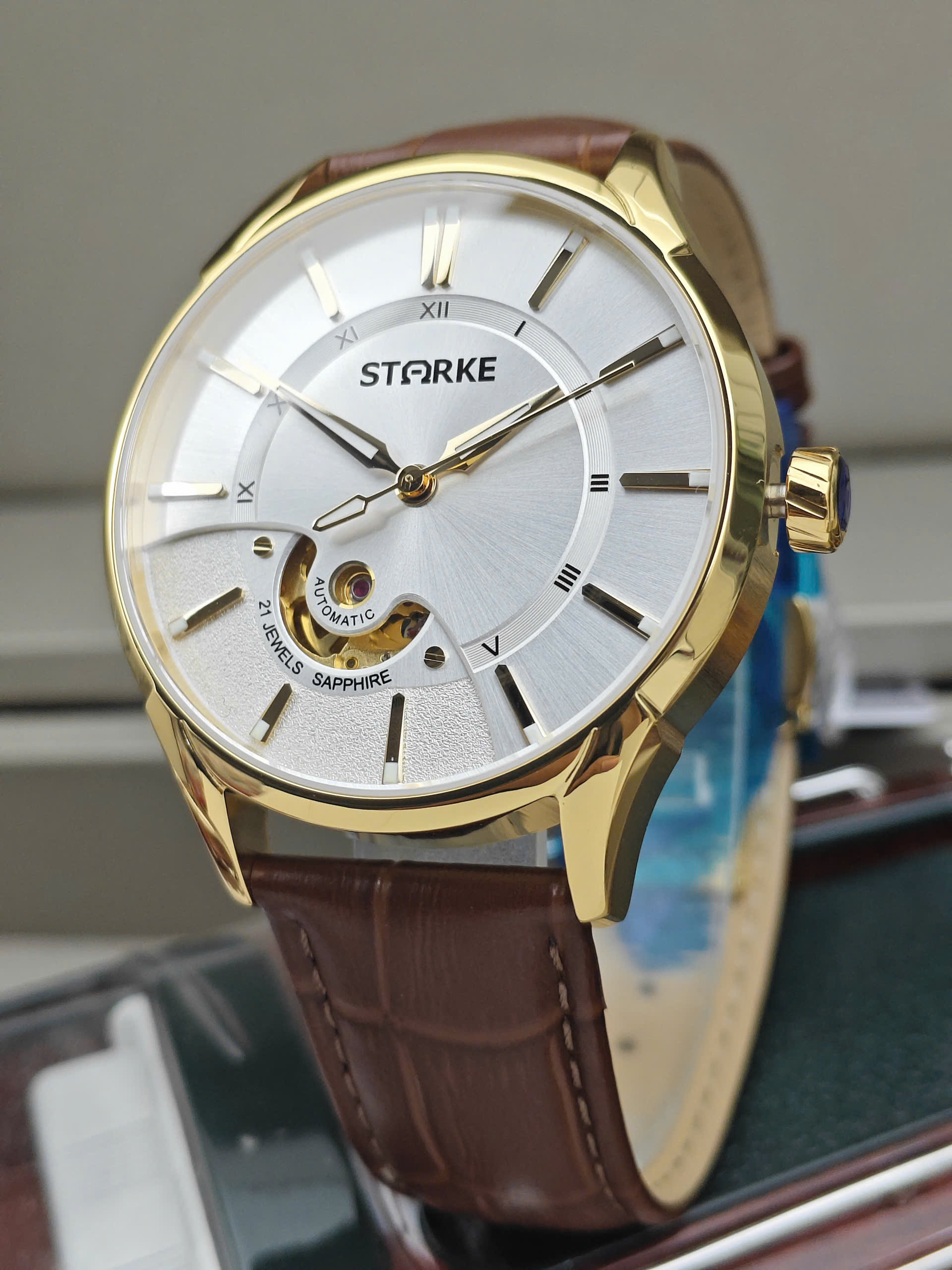 Đồng Hồ Cơ Nam STARKE SK143BM.WGBr Viền vàng - Mặt trắng - Dây da nâu - Ảnh 3