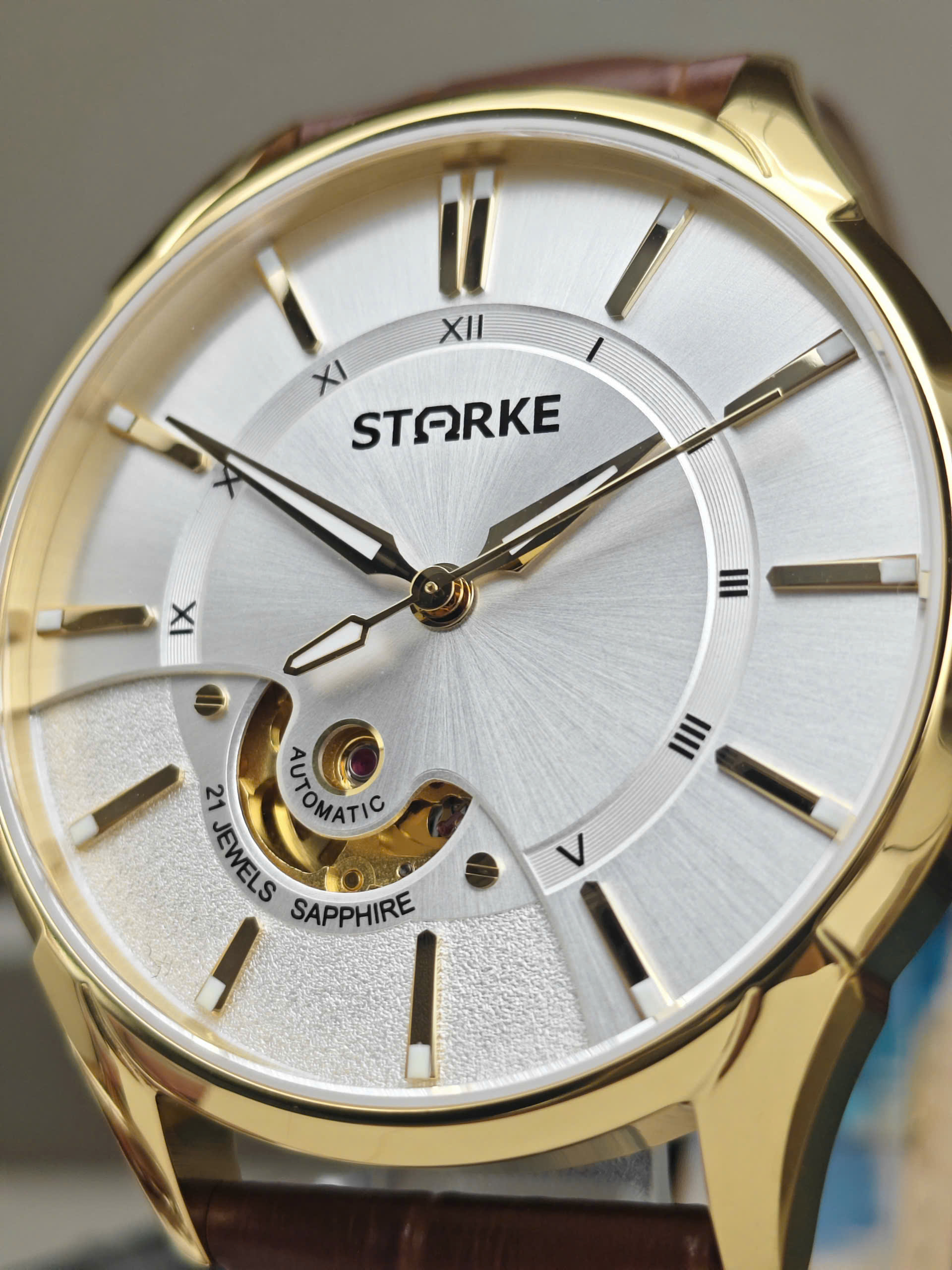 Đồng Hồ Cơ Nam STARKE SK143BM.WGBr Viền vàng - Mặt trắng - Dây da nâu - Ảnh 5