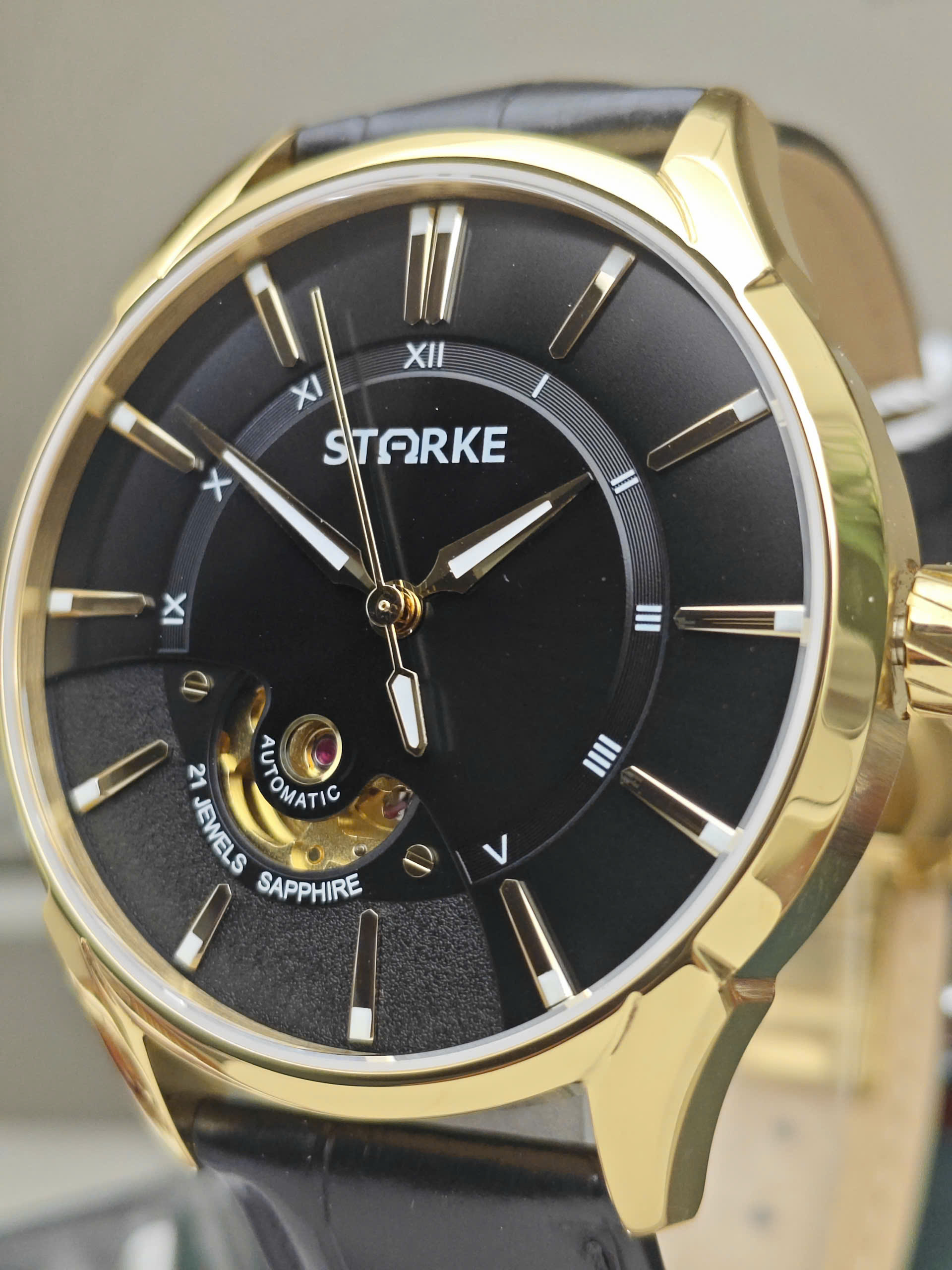 Đồng Hồ Cơ Nam STARKE SK143BM.BGB Viền vàng - Mặt đen - Dây da đen - Ảnh 2
