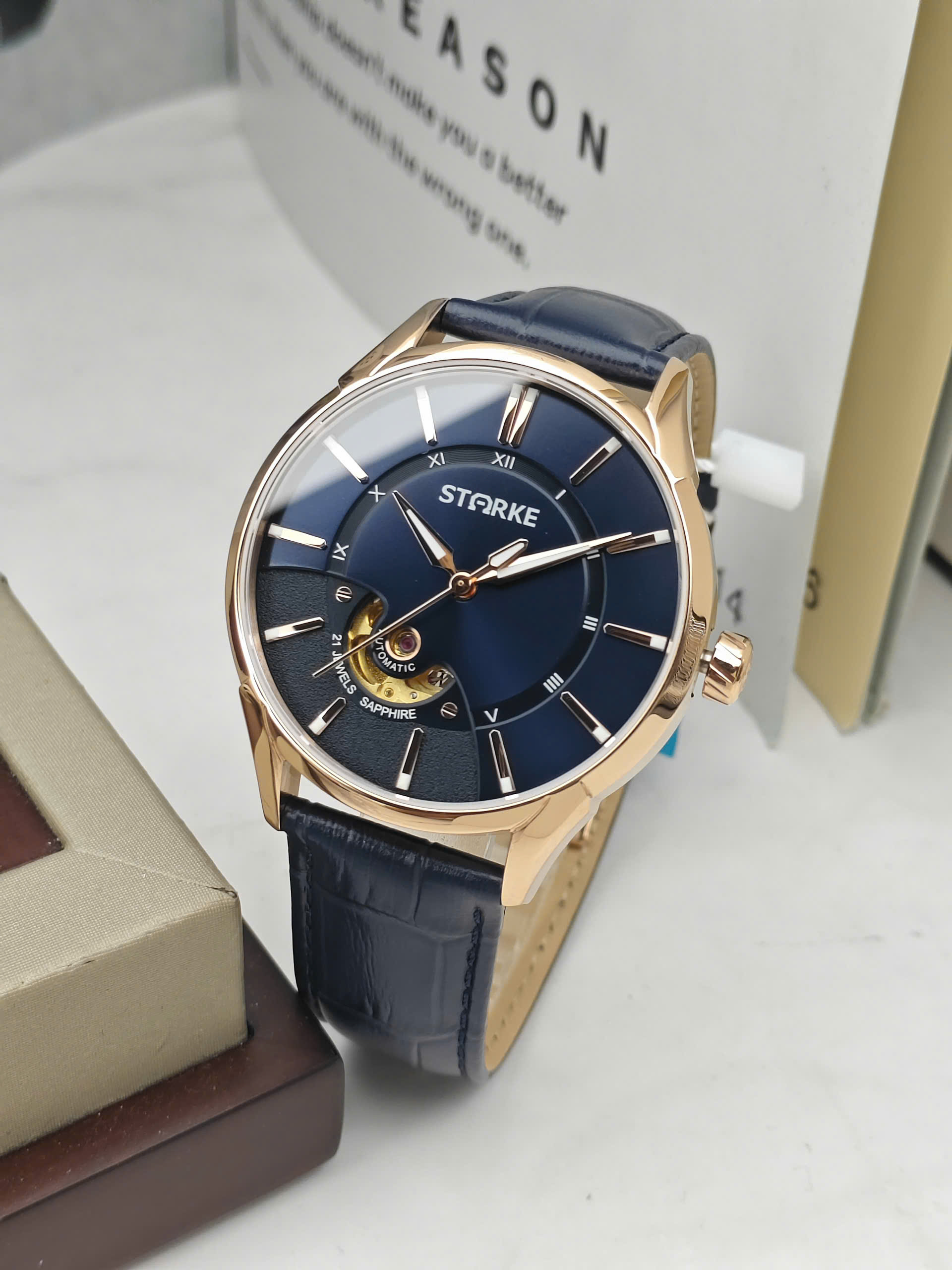 Đồng Hồ Cơ Nam STARKE SK143BM.BlRBl Viền vàng hồng - Mặt xanh dương - Dây da xanh dương - Ảnh 3