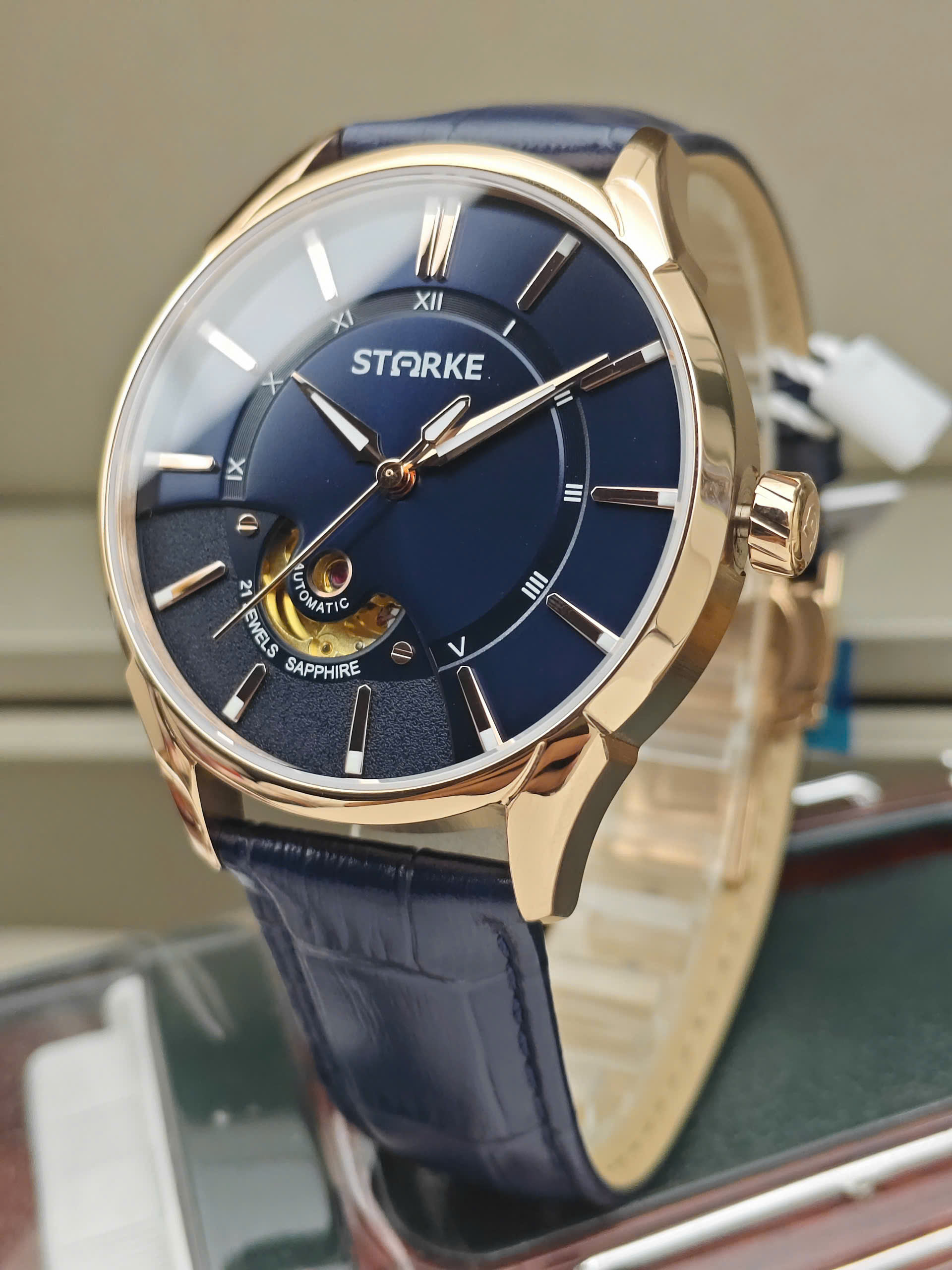 Đồng Hồ Cơ Nam STARKE SK143BM.BlRBl Viền vàng hồng - Mặt xanh dương - Dây da xanh dương - Ảnh 5